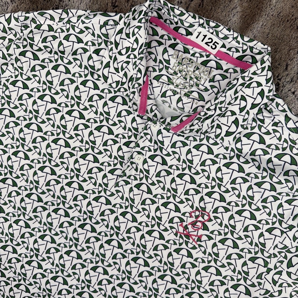 Barstool Sports Mens XL Polo Shirt Green Umbrella Print Golf Performance White